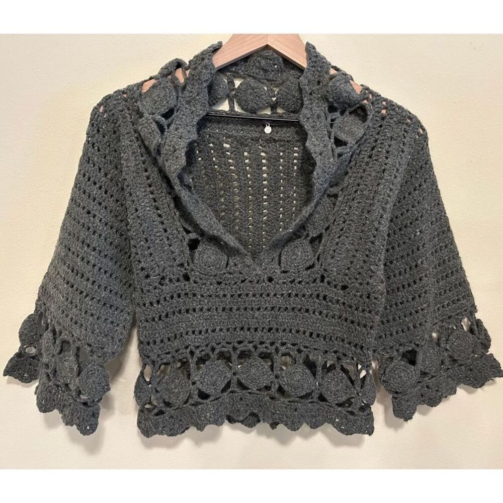 ANTHROPOLOGIE Knitted & Knotted Orenburg Gray Pullover‎ Crochet Wool Sweater XS